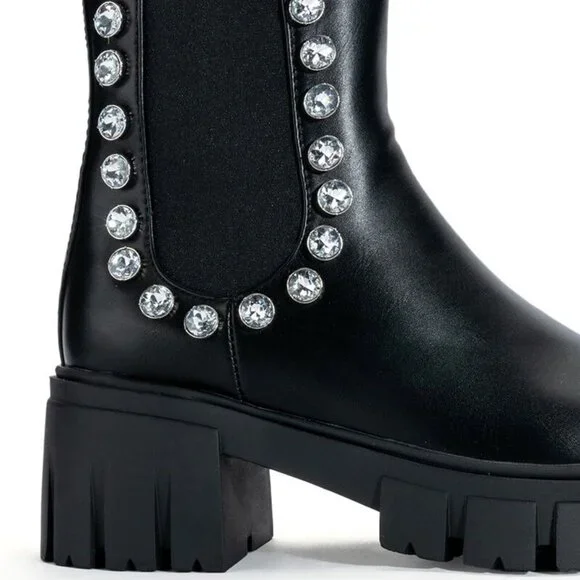 Miz Rhinestone Flat Platform Chelsea Black Pull On Boot 8.5 - Picture 3 of 5